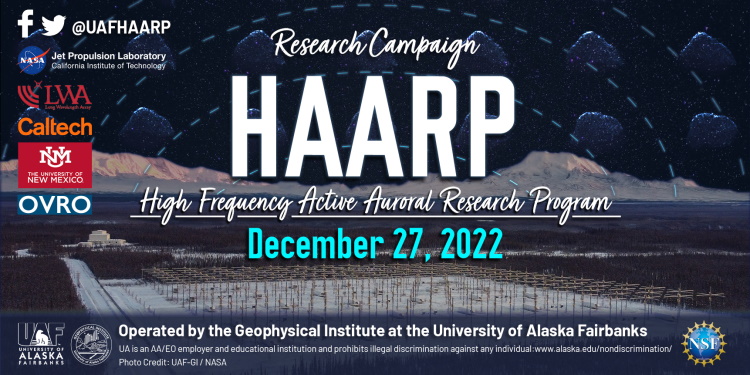 HAARP campaign image, showing the HAARP antenna array and ops center with a starry sky edited behind the mountains.